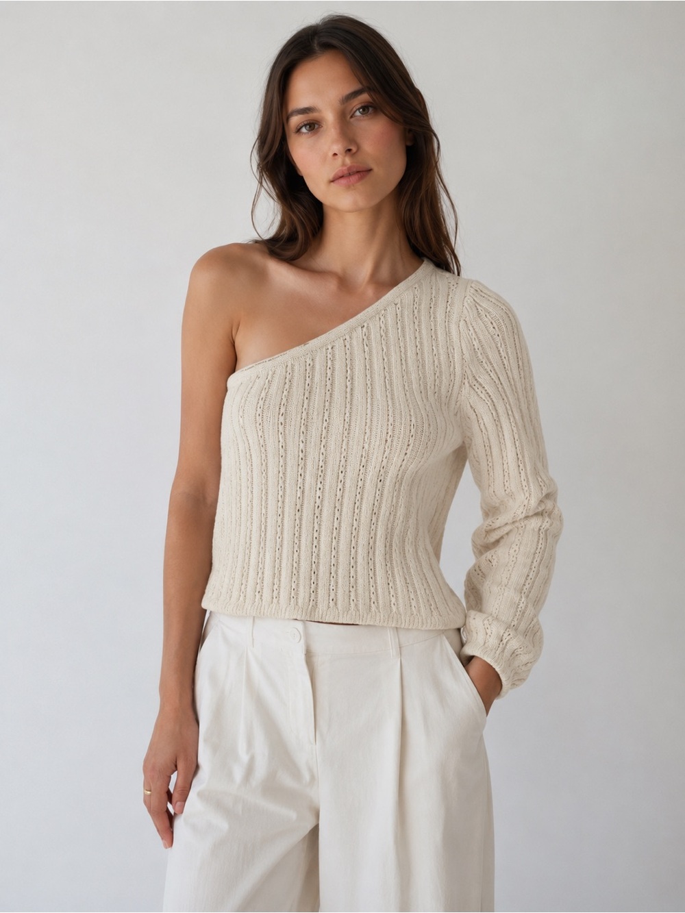 Le Lis Collection One Shoulder Knit Sweater Cream Size L